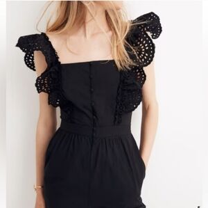 MADEWELL Black Eyelet Ruffle Strap Cotton Romper With Pockets